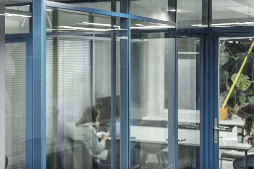 Фрагмент двери и стеклянных панелей в синем профиле (проект WGG digital agency)