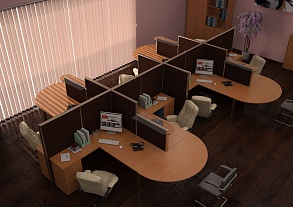 Группа рабочих столов с настольными перегородками и столом-приставкой — пример