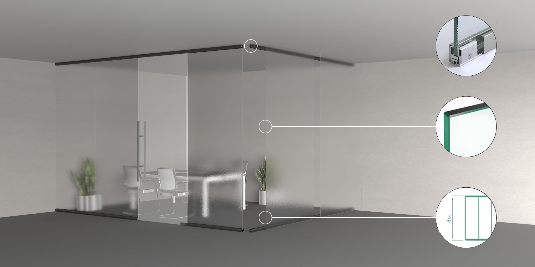 Цельностеклянная матовая перегородка в разрезе