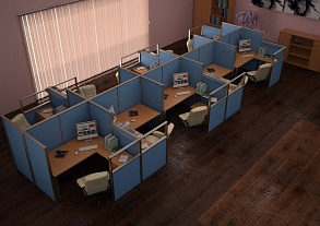 Рабочие места в линию с голубыми настольными перегородками — пример