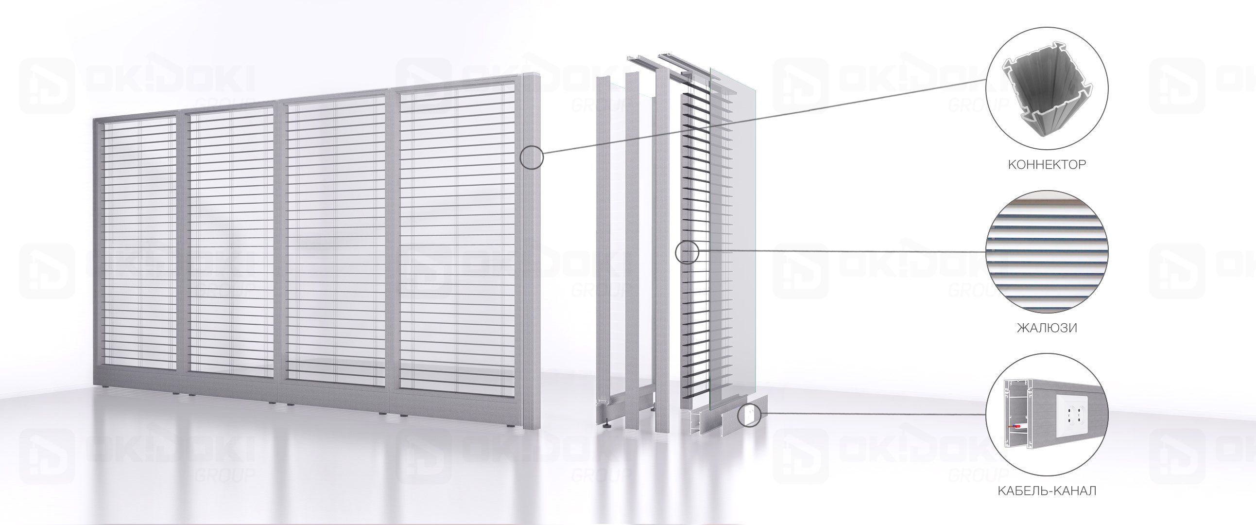 Конструкция мобильных перегородок из стекла в разрезе