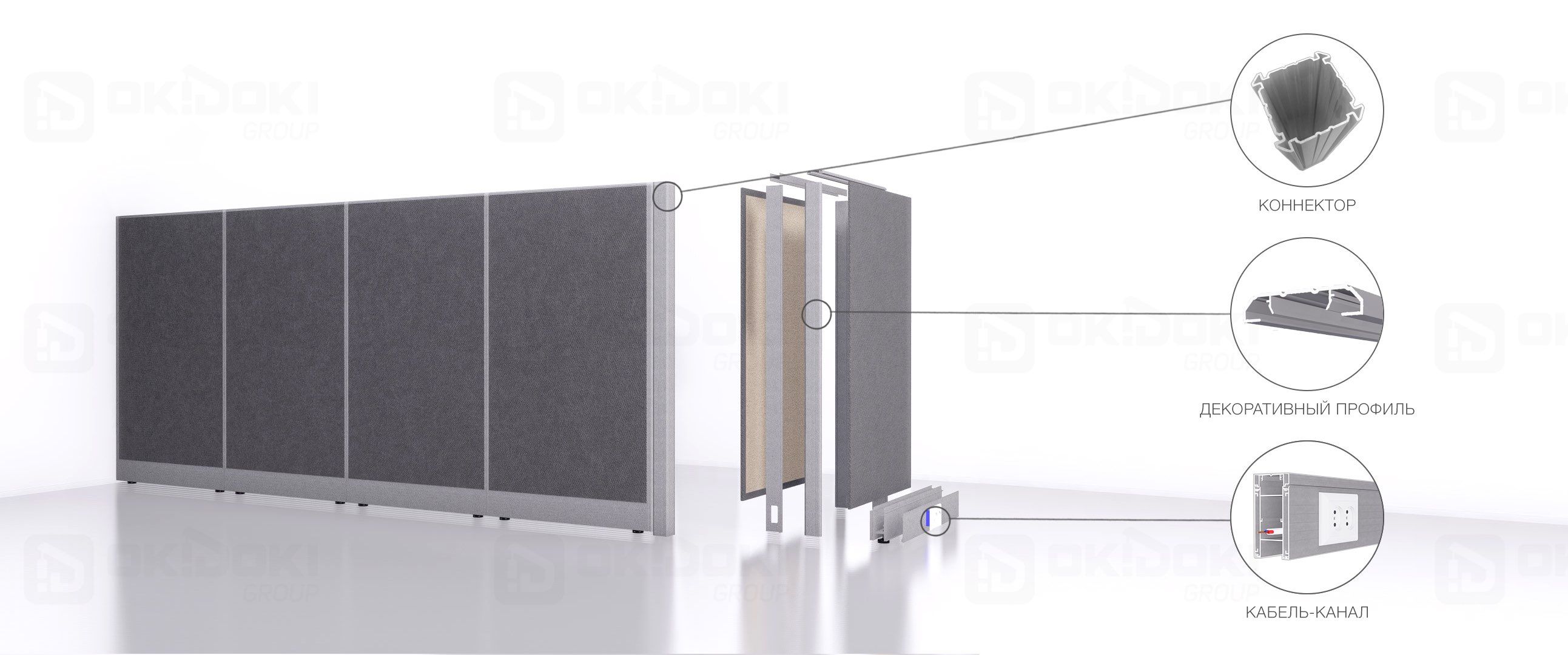 Конструкция мобильных перегородок из ткани в разрезе