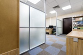 Офисные перегородки из матового стекла: вид коридора и рабочих зон — превью 9x48