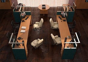 Переговорная зона с рабочими столами и перегородками по периметру — пример