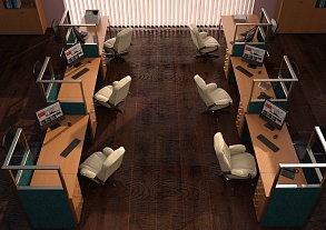 Ряд рабочих мест с перегородками и прозрачными секциями — пример зонирования