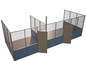 Сетчатые перегородки с синими нижними секциями и дверями — пример