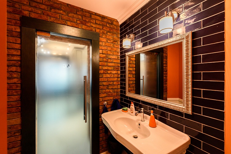 Стеклянная дверь в санузел с матовым заполнением и вертикальной ручкой