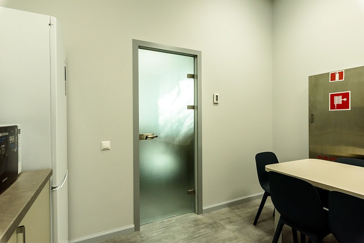 Стеклянная распашная дверь из матового стекла в алюминиевой коробке