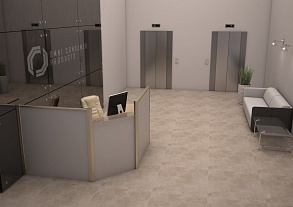 Стойка ресепшн у лифтов: пример зоны приема в офисном здании